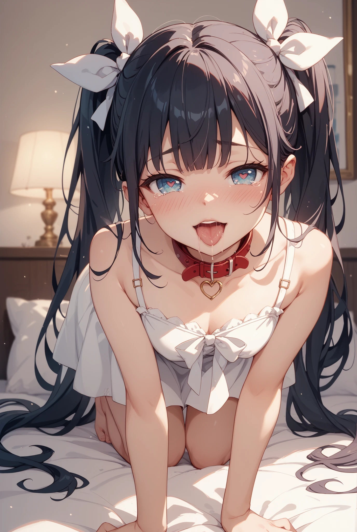 front view,1girl,Beautiful girl at 13 years old,Japanese,,,Small and slim,Flat Chest,Small breasts,Baby Face,Small face,Black Hair,Short Twin Tails,Grey Eyes,middle School girls,Sexy Lingerie,open mouth,tongue out,front face,Kneeling and sitting,Beautiful and detailed anime art,puzzled look,front view,high angle, looking at viewer, looking ahead, from above,cowboy shot,Sexy vibe,cum on tongue,On the bed,Dimly lit room