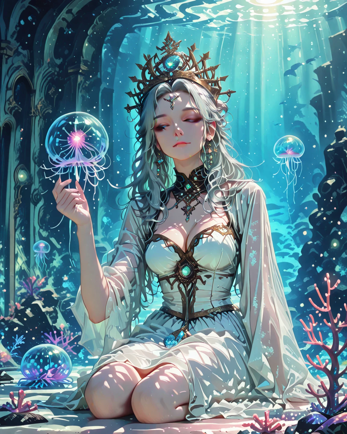 high quality, highly detailed, a woman, galaxy water ice goddess, white ice bun hair, eye contact, style by NTY, (galaxy colored highly detailed ice eyes:1.2), (ice sparks in the eyes:1.1), (blue white ice silk dress:1.1), action pose, water ice magic, spilled ice water, ice water, colorful background, iridescent armor,, a lot of lights, warm lights, (intricate details:1.12), hdr, (intricate details, hyperdetailed:1.15), epic realistic, hyperdetailed, (cycles render:1.3), caustics, (glossy:0.58), (artstation:0.82)
<lora:PsychoMode:0.7>