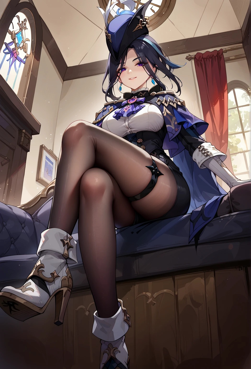 ((Best Quality, 8K, Masterpiece: 1.3)),{{masterpiece}},illustration,best quality,extremely detailed CG unity 8k wallpaper,1girl_solo,full_body,from_below,looking_at_viewer,looking_down,(white pantyhose:1.3),(no shoes:1.3),bed,Purple hair,twintails,revealing dress,window,hair_ribbon,strong rim light,cameltoe,