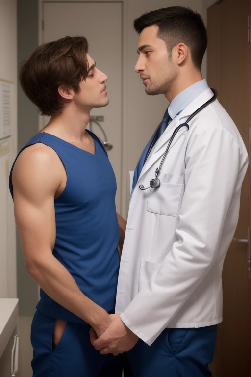 Gay couple body playing Handsome indian 40 years old masuculine bodybuiler GURJAR with Pain is raging on the face, screaming with pain and making aggressive face expressions with eyes closed, the head is tilted back spiky hairstyle doctor with stethoscope in neck, doctor uniform, standing and doing body playing in clinic with nurses, His perfect( big huge penis) is (coming out) of his pant,masterpieces