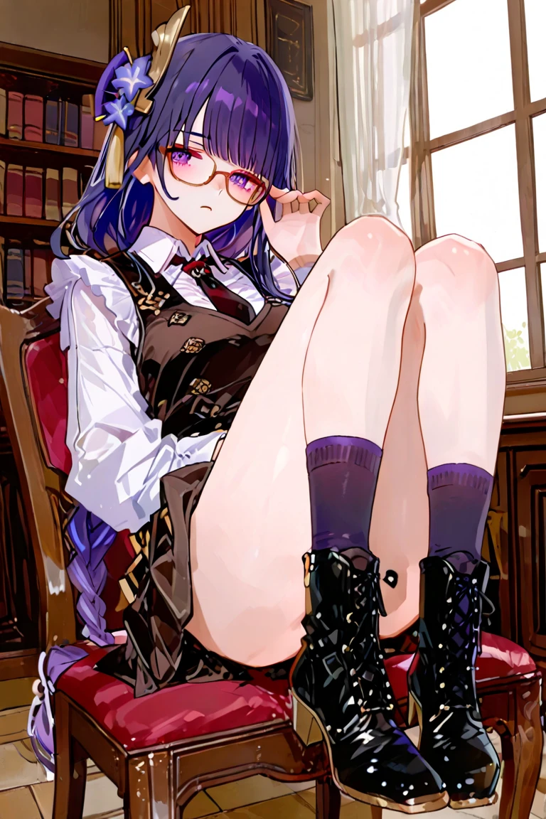 femboy, Oval face, gold round glasses, Short and curly hair, somewhat dark skin, horny, femboy, very slim and sexy body, small penis, cross-dressed, dressed in a miniskirt, long purple tights with black stripes, high heels, purple string thong, sexy black brazier, very small penis, anal dildo, lying down sexually, sticking out tongue, 