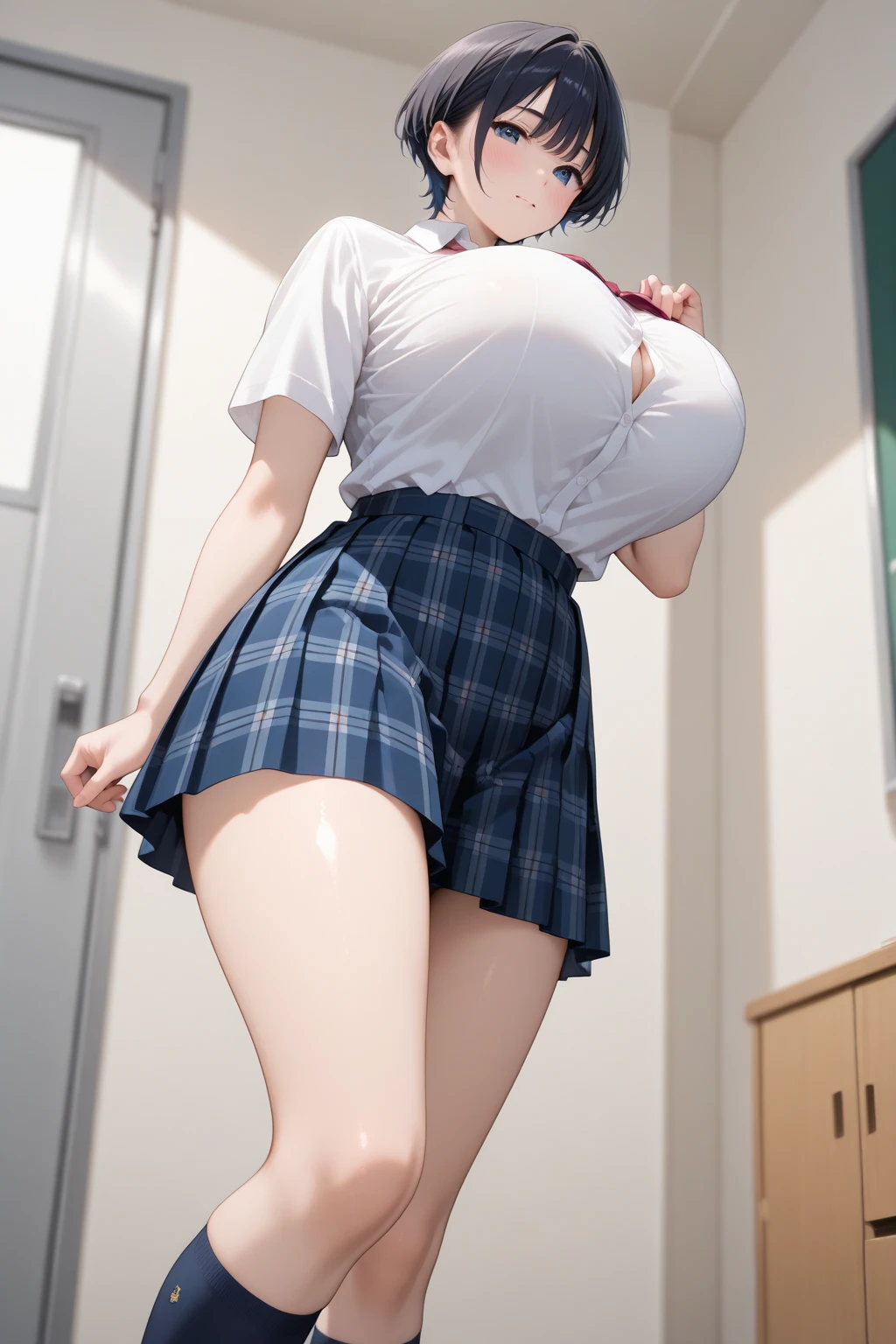 "A erotic scene of a sexy English bimbo in a cool and laid-back style, is wearing a small crop top and loose fitting mini skirt thats been torn by her expanding body. a windy day, walking along without a care in the world, Her toned and athletic build hints at her massive strength. large build with busty breasts, large perky breasts, She seems to be casually strolling through the bustling cityscape of GTS City, panties clearly visable, as towering buildings loom overhead. The lighting is dynamic and realistic, a relaxed and alluring atmosphere. The perspective is from below, emphasizing the sheer majesty and power of the Bimbo." highly detailed face, symetrical eyes, toned legs, upskirt shot, view from below, carefree, windy, upskirt, sexy, UHD 4K