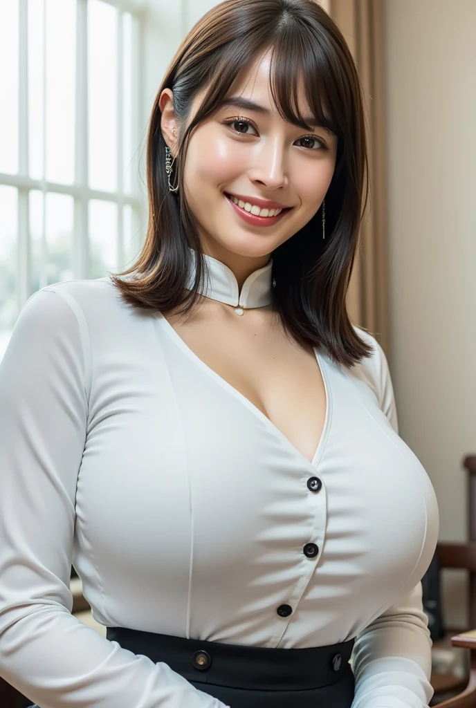 ((Highest quality, 8K, masterpiece, Portraiture: 1.3)), (View your viewers), (close:0.85), Attractive business mature woman, A little thick:0.25, White collared shirt, Grey Skirt, (Big, big ass), A gentle smile、A gaze that seduces viewers、 Empty office、Random hairstyle、、((Ample Bust:1.3))、