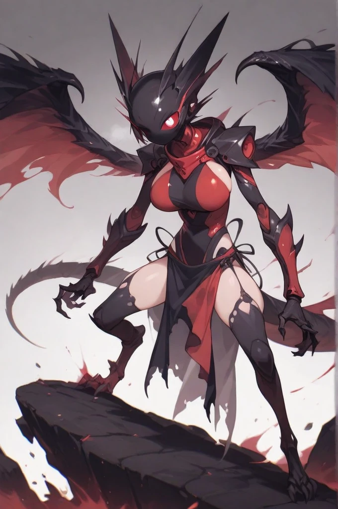 Monster with black skin and red eyes with wings, body looks like it is completely made of blades and its black wings are gigantic