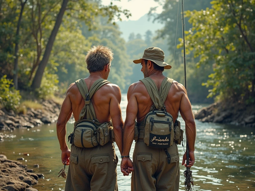 Two handsome muscular tattooed naked men, one black, one with short blonde hair, wearing tiny camouflage jockstraps and boots, hiding in the forest at night, full body image, seen from a low angle