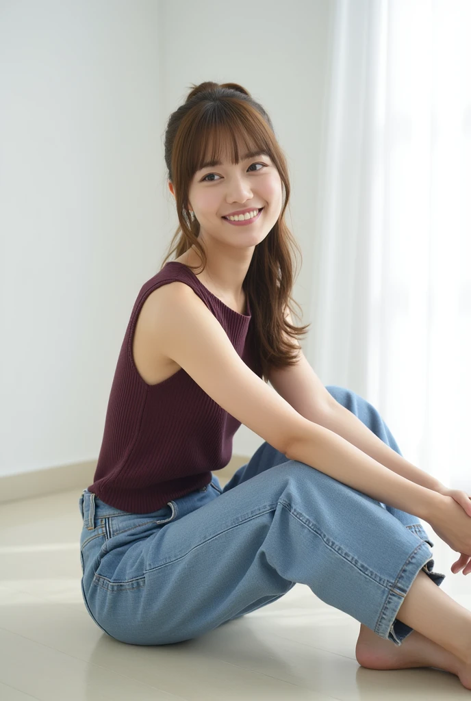The jeans accentuate her hip,Lover's room,Apartment manager,((full body)),((photo)),((best qualtiy, 8K, tmasterpiece:1.3)), Focus:1.2, perfect figure beautiful woman:1.4,1woman,cowboy shot,look at viewer,incredibly absurd, beautiful and cute woman with a photorealistic face, showcasing top-quality craftsmanship, A Japanese woman inspecting the equipment in her room, 31 years old, shoulder-length, medium-long brown hair, wavy and shiny, with bangs, round face, big brown eyes, soft smile, neat eyebrows, small nose, plump lips, white skin, smooth skin, healthy complexion, healthy, glamorous, large butt, 157cm tall, G-cup breasts, white blouse, dark blue jeans, beige vest, small gold earrings, silver watch, pretty older woman, beautiful, married woman, neat, cute voice, calm, kind, responsible, curious, Gentleman, May