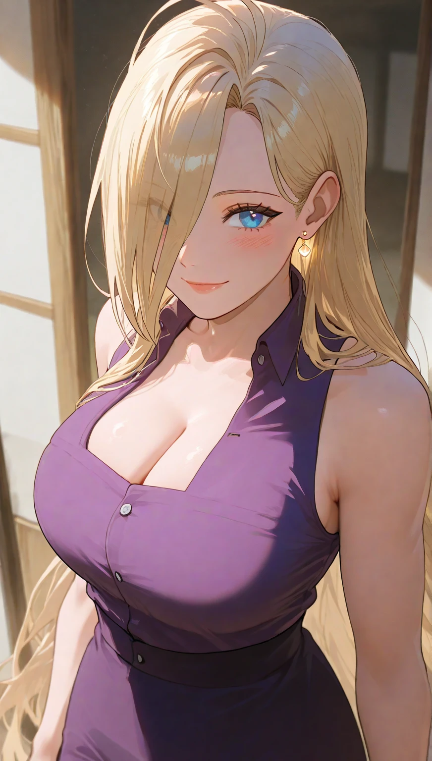 (masutepiece: 1.3), (max resolution: 1.2), (Ultra HDTV: 1.2), cinema lite, Ultra HDTV, (Detailed eyes and skin), (detailed facial features), 8K resolution, Sharp Focus: 1.2, Perfect Style, Beautiful Face, accurate, Anatomically correct, Highly detailed face and skin texture, Detailed eyes, Dark-blue eyes, Double eyelids, Thin eyebrows, (dropped eyes:0.65), (Glitter Eyeliner:1.2), Natural cheeks, Glossy skin, (Fair skin:1.2), shiny necklace and earrings, (Glossy lips: 1.4), BREAK, absurderes, One-person viewpoint, (she is female bar hostess), (While Wearing a Button up Purple shirt:1.3), BREAK, (wear a blazer of white:1.3), BREAK, (pleated super mini skirt of Red:1.2), (high heels), BREAK, (shy smile:1.2), ((20 years old, classy and neat girl:1.3)), (high-ponytail hairstyle, Wavy Hair), (Blond hair:1.2), Medium Long Hair, (Cowboy shot: 1.2), Focus on Face, medium large breasts, ((Offer your business card with both hands:1.4)), (( inside the bar counter)), ((In the erotic Bar at night:1.4)),
