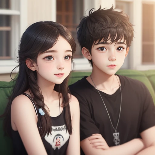a girl and a boy, Girl has black hair and green eyes, Girl wearing plain white shirt and denim shorts, Boy has black hair and brown eyes, Boys wear neither shirts nor jeans, Boy and girl kissing on desk, hight resolution, ultrasharp, in 8K, masutepiece,
