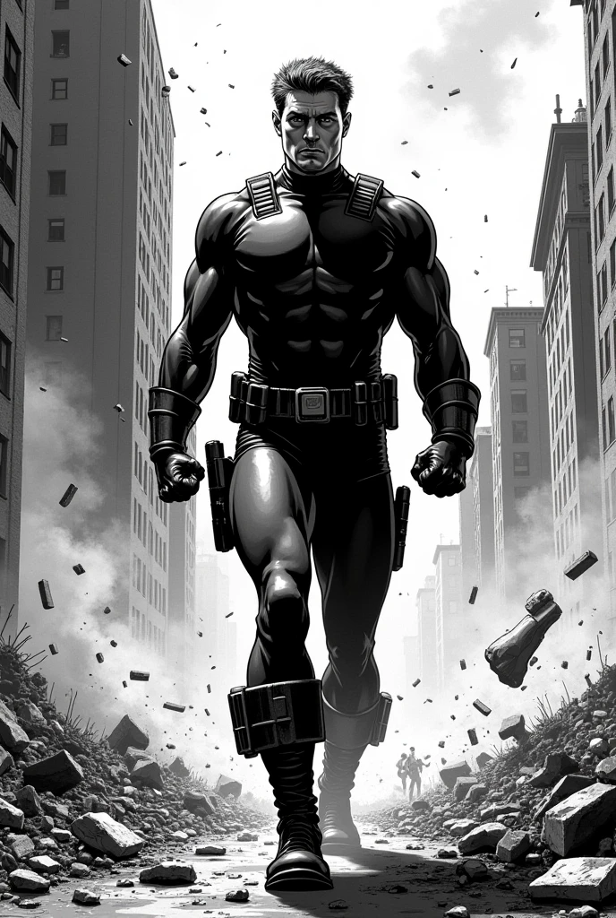 (TheOldShadowrunStyles:1.0) a cyberpunk bodybuilder warrior with the RPG on a rooftop in the city