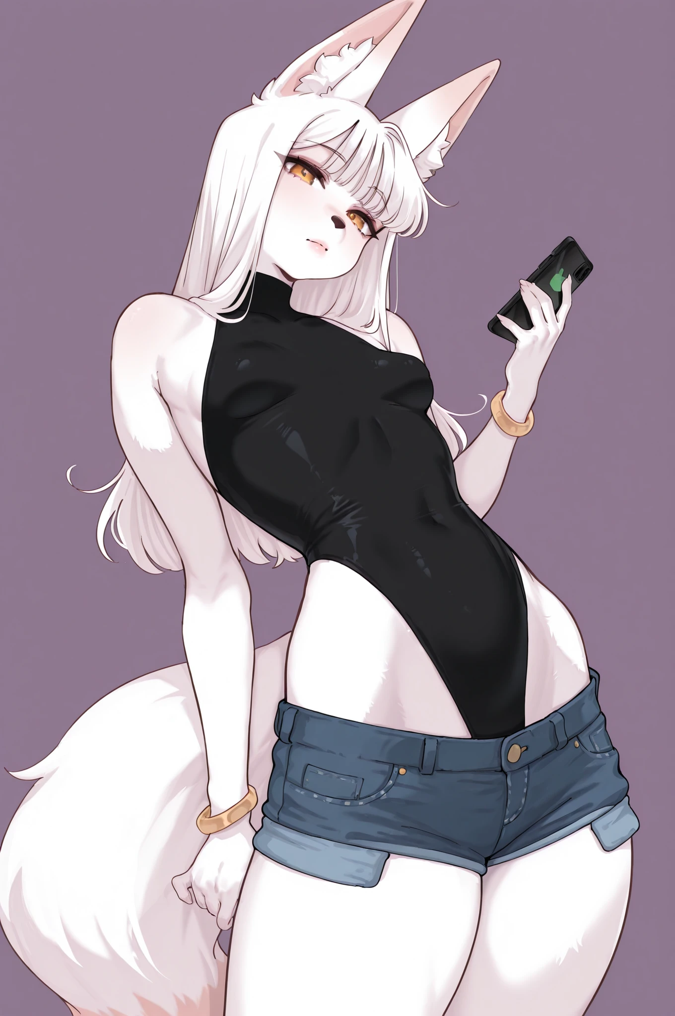 1 anthro fox woman, bangs, fox ears, fox tail, white fur skin, small breasts, black highlegs leotard, denim shorts, bracelets, look at viewer, simple background, leaning back grid, cell phone 