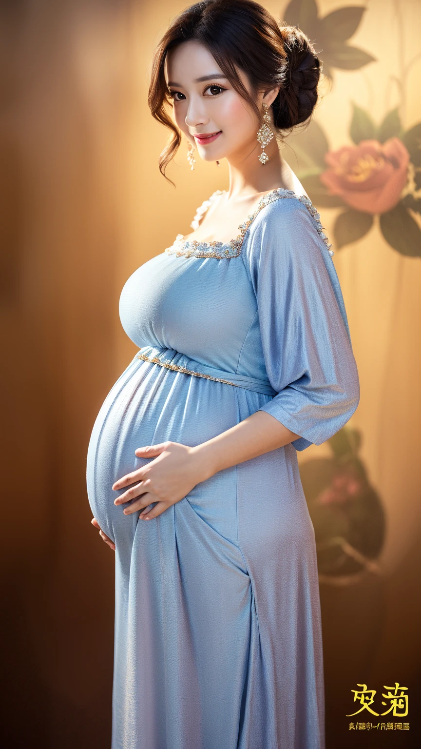 A stunning portrait of Anna holding Elsa, Elsa is pregnant, holding her belly, young and beautiful, hyper realistic, real portrait, backlit, exquisite features, cleavage, sexy, seductive, window, natural light, soft light