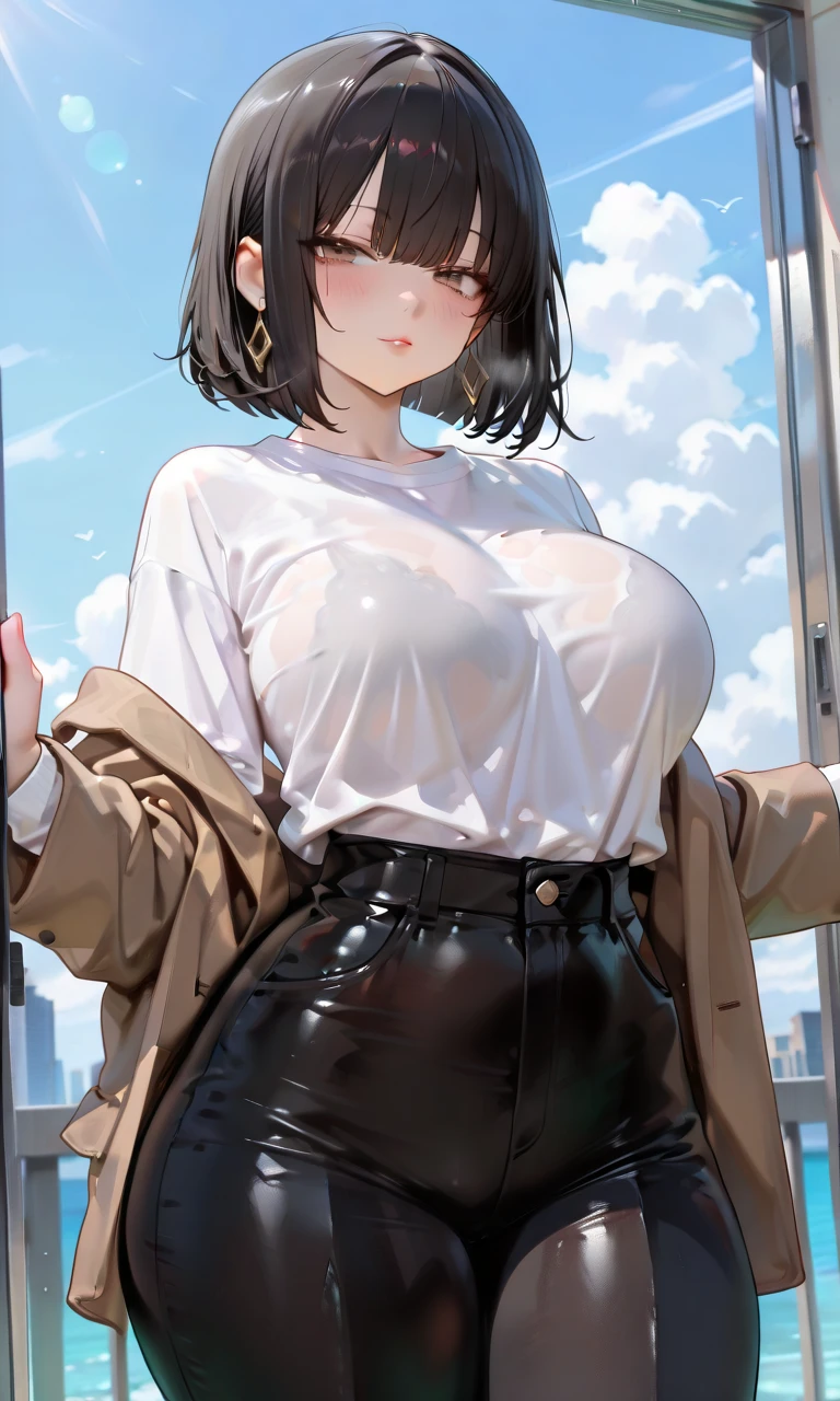 ((Midnight、highest quality、8k、masterpiece:1.3)), Carving an idol pose,Ezvian everywhere, pale cheeks, Thin chin, Long legs, Sharp focus:1.2, Beautiful woman with perfect figure:1.4, Slim Abs:1.1, Full body photo, Shyness, Realistic depiction, Japanese actress, ((Black-haired、Narrow waist、Huge breasts:1.2)), (White tight t-shirt、The swelling of the breasts covered by a T-shirt、Bib Jeans, Are standing:1.2), ((Night city view、On the roof:1.3)), Highly detailed face and skin texture, Fine grain, double eyelid, full body (NSFW breasts), hdri, extremely naked, nude, nua, pelada, nsfw, gigantic breast 1.9