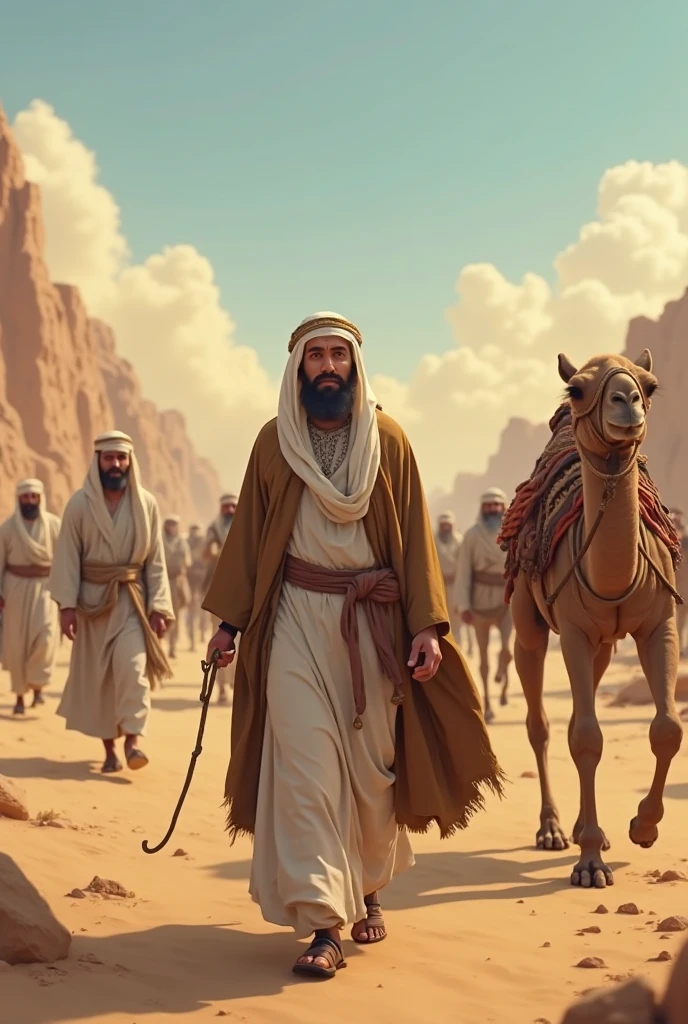 A men wear green hijab sitting  camel,
both hand are tied by iron rope in back side,
Neck are tied by iron rope,
Burning tents,
Burning date tress,
8 men wear red battle suit with sword,
No modern weopan,weaopan around bc,
Bloody sky
