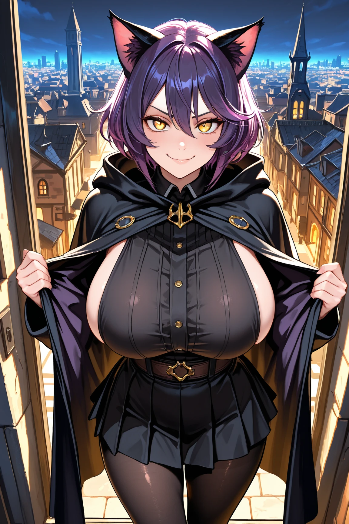 solo, cowboy shot,,1girl, ((yellow eyes)), ((extra long hair)), ((wavy hair: 1.0)), ((black hair)), (hair between eyes), (((large breasts: 1.5))), ((curvy)), ((curly hair: 1.5)), ((white fox ears)), cosplay, bandaged leg, bandages, belt, black hat, boots, chocker, cape, dress, gloves, hair ornament, long sleeves, fingerless, gloves, hat, red dress, single thighhigh, witch hat, <lora:MeguminKonosubaCostume-10:1>, BREAK
(masterpiece, best quality, ultra detailed, intricate details:1.2), beautiful detailed eyes, solo,  <lora:more_details:0.4>