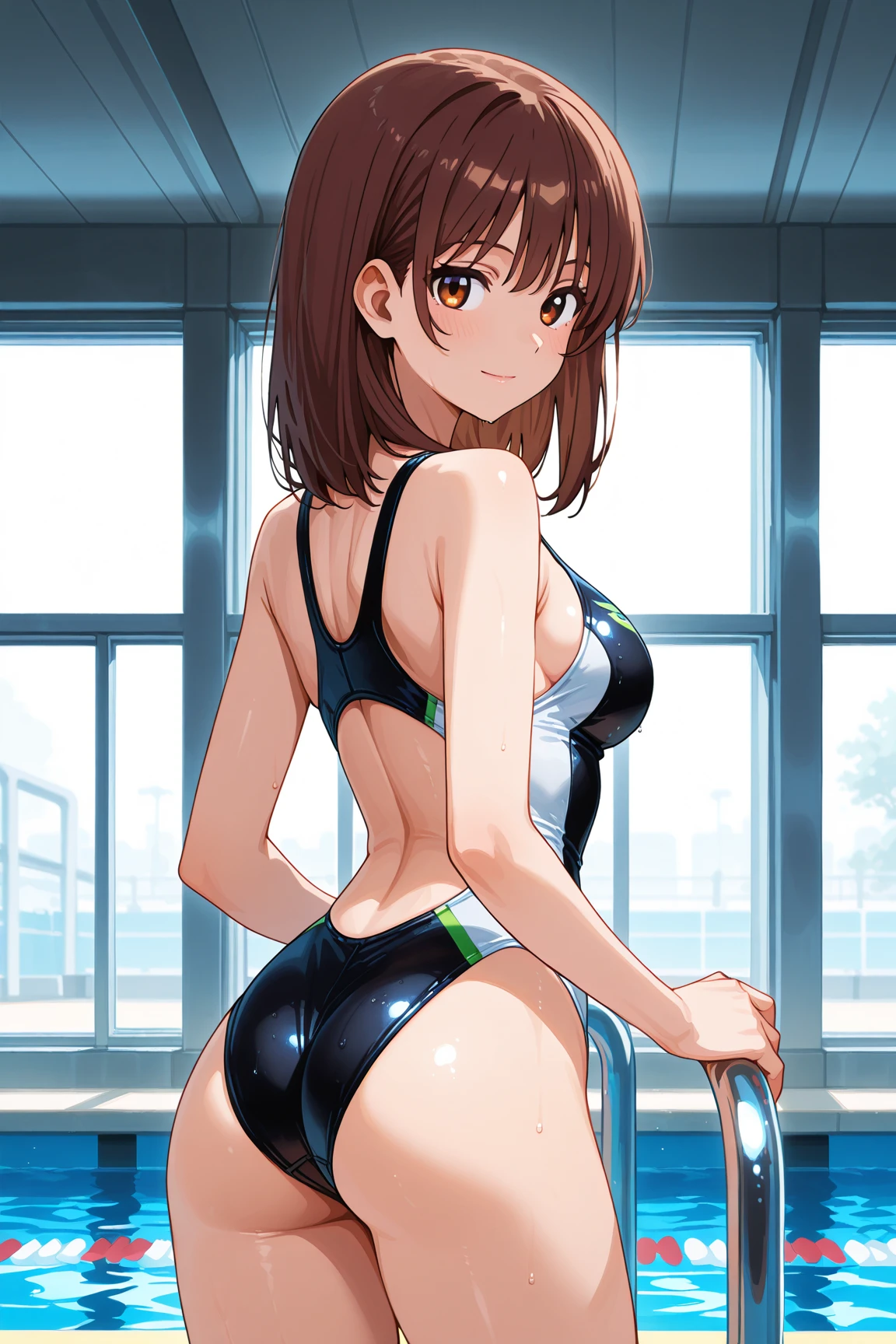 A beautiful woman with short hair, big breasts and beautiful legs is standing by the pool in a bright pink high-cut competitive swimsuit with the arena logo and lettering.。Angle from behind。A middle-aged man is standing at a distance pointing his camera at a beautiful woman.。