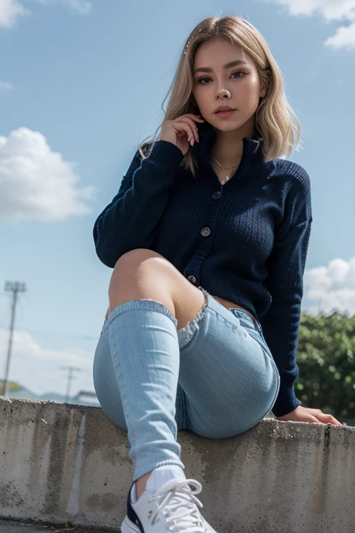 18-year-old、Tabletop, Highest quality, shape, Very detailed, In detail, High resolution, 8k wallpaper, Perfect dynamic composition, Beautiful details, smile、Blonde、Blonde Hair、Super long hair、Street Snap、Silver Eyes、Beautiful feet、Tight preading her legs、I can see your underwear