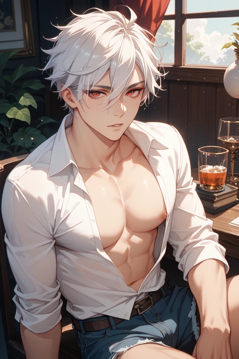 Handsome boy with his half shirt open, his hair white and blushing slightly with a bottle of alcohol in his hand sitting on the couch drunkly