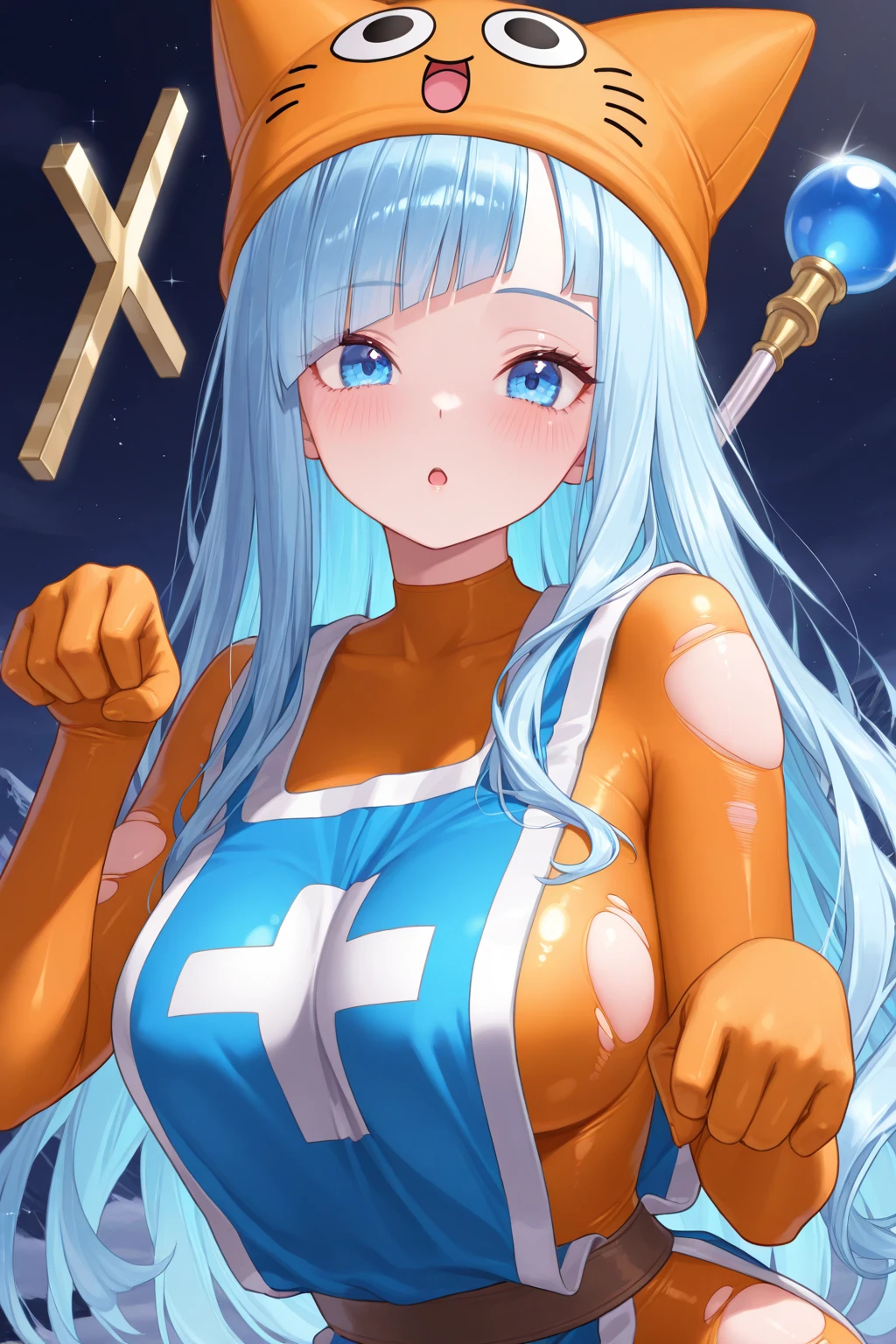 best quality,Amazing,finely detail,extremely detailed CG unity 8k wallpaper, front view,,1girl, <lora:priest(dq3):1>,priest(dq3),blue hair, large breasts,standing, (blue apron:1.1),upper body,smile,metal mace,, best quality,ultra-detailed,unity 8k wallpaper,game cg,