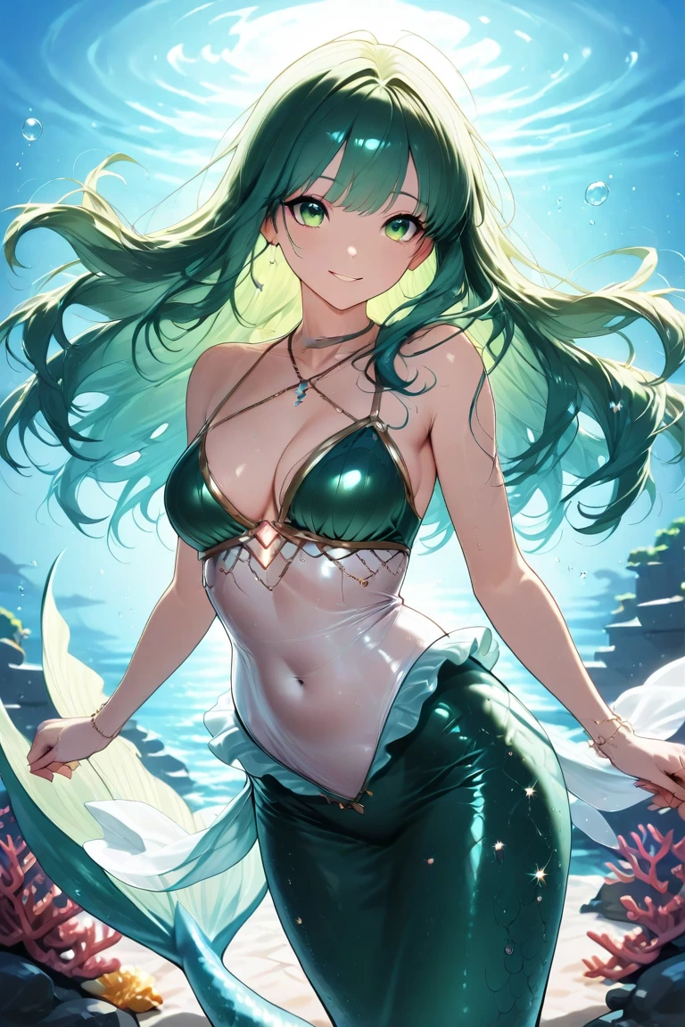 violet evergarden, green mermaid, underwater, masterpiece, best quality, 1girl, solo, blonde hair, long hair blue eyes, gigantic breasts, bra, looking at viewer, green mermaid tail, long mermaid tail below waistline, fins ears, green fish scales on skin, look at viewer, smile, happy face, blush,