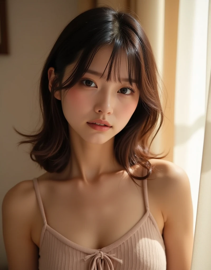 ((of the highest quality, 8K, masutepiece: 1.3)), Women (Full body portrait, front, Raise one arm、pink frill underwear, Big breasts, cleavage, In the Magic Mirror), Overhead camera, Sharp Focus: 1.2, prety woman: 1.4, ((Hairstyle Random)), Highly detailed face and skin and hair texture, Detailed eyes, Double eyelids, White skin, beautiful delicate nose, Cute young Japan woman, 20 years old, while emphasizing the theme、pleasing to the eye、tome'thought-provoking composition., Eyes, Mouth and behavior, The contrast between light and shadow creates a unique sense of sadness...、Dynamic angle background blur