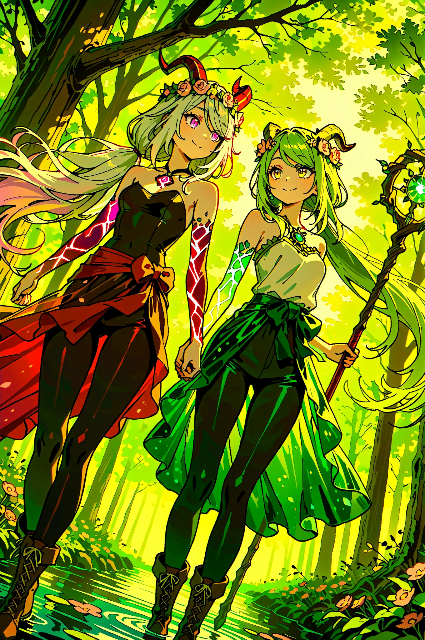 fantasy, 1forest_elemental_girl, fighting, (using_leaves_clothes, green_leaves_covered_breasts, leaves_covered_pussy)+++,medium_breasts,dynamic_pose_standing, light_smile, sleepy, medium_hair, navel,(dark_skin)+, oil, (winding_vine_around_torso)++, plump,forest, trees_background, leaves_headgear, green_leaves_cape, hold_large_long_staff, thighhighs,