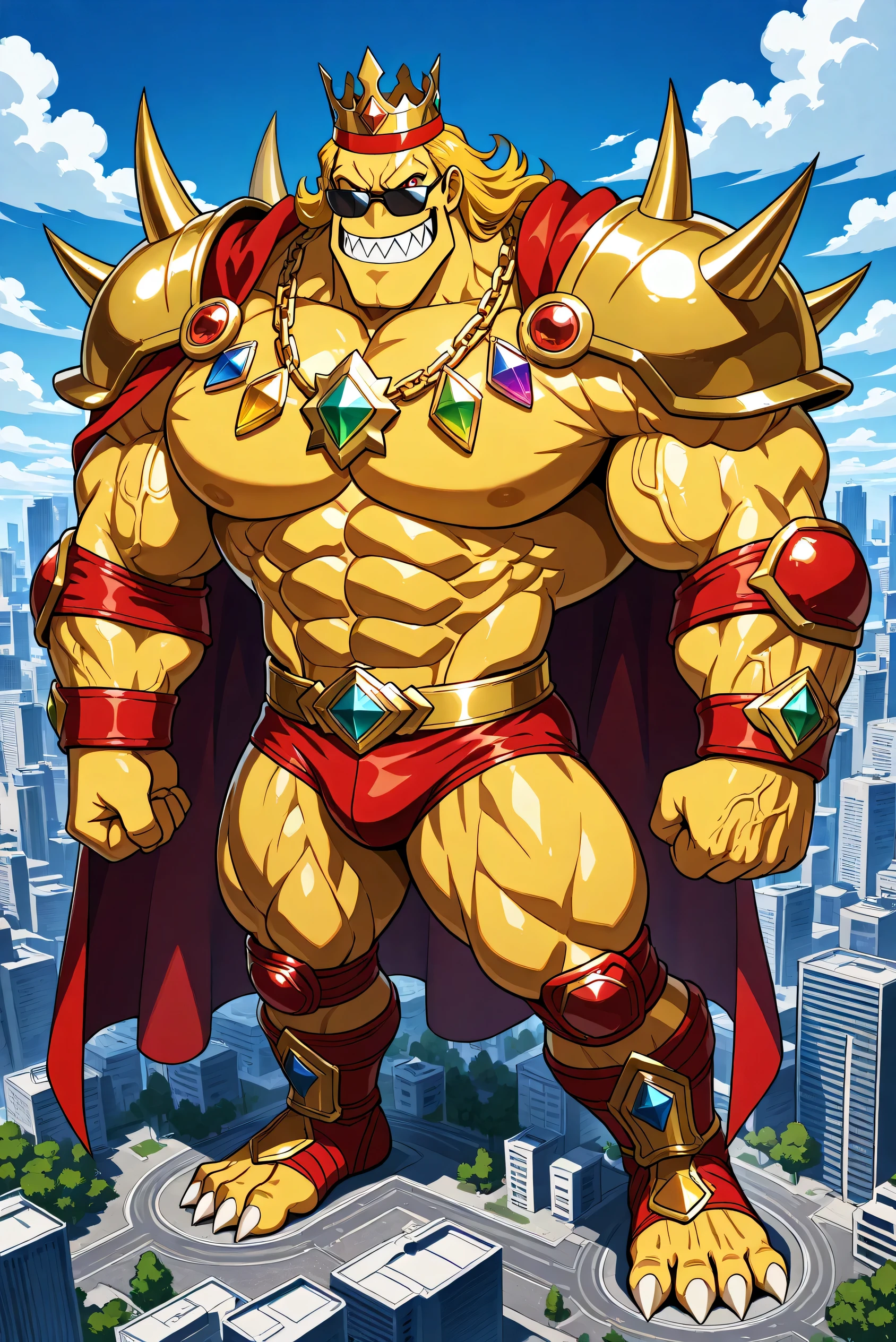 a giant strong muscular yellow octopus, yellow skin, sharp teeth, sharp claws, 8 gigantic powerful muscular tentacles arms, a very long blonde golden hair, enormous chin, scars, veins, tattoos, bigger cartoon red eyes, sunglasses on his forehead, wearing red underpants, wrestling outfit, Red headband, red wrist tape, red elbow pads, red kneepads, red saldals, golden armor and chest with colorful jewels, golden bracelets with colorful jewels, golden necklaces with colorful jewels, golden crown with colorful jewels, a very long ripped red prince cape, giant size, macro size, 50-foot size, 100 feet size, champions golden belt, powerful muscles, ginomous biceps, enormous pectorals, detailed abs, full body, big city background, buildings, trees, blue sky and clouds background.