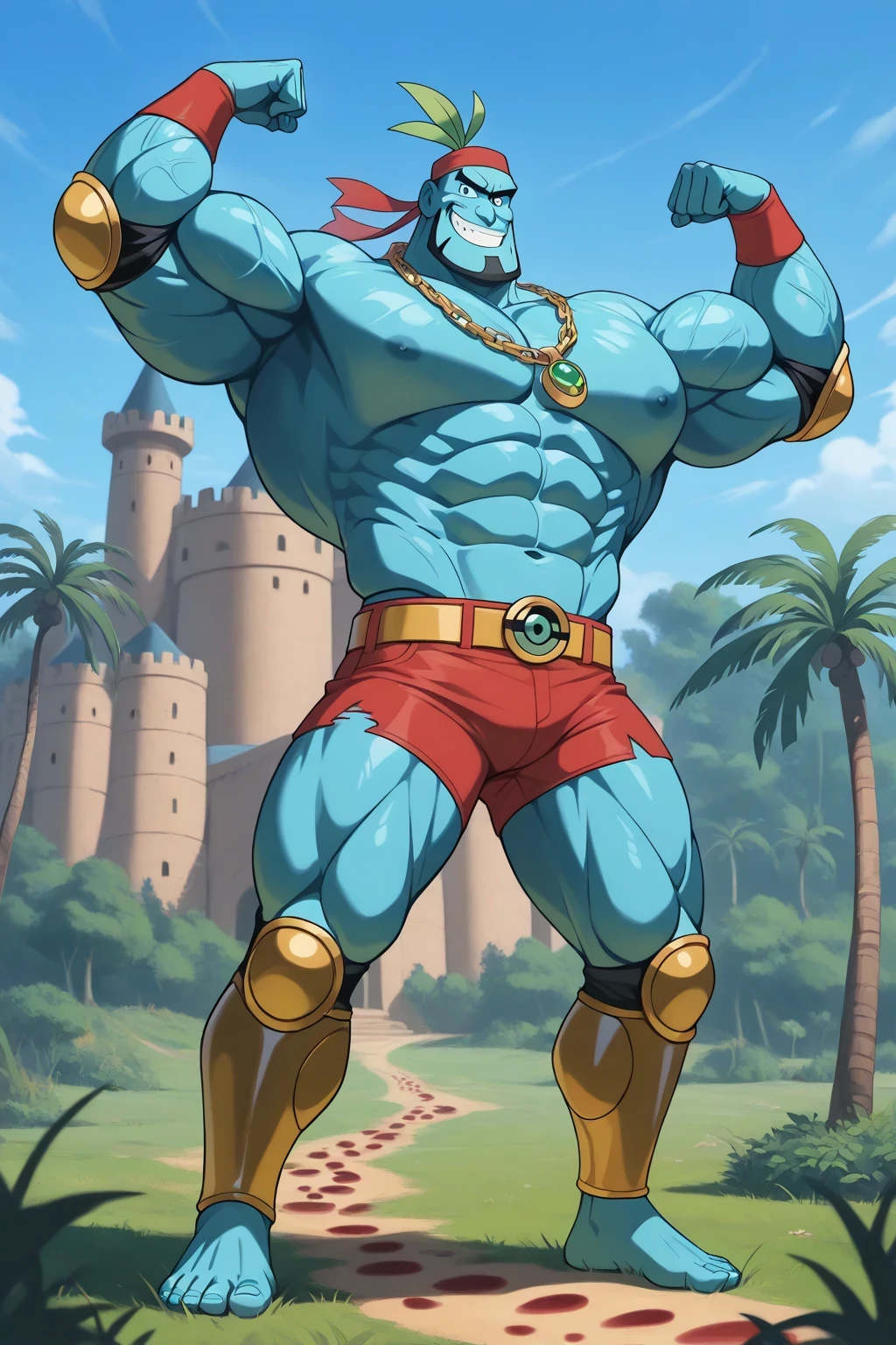 safe_pos, safe_pos, safe_pos, score_9, score_8_up, rating_nsfw, ultra hd, absurdres, best quality, best aesthetic, masculine, solo, 1boy, male focus, perfect proportions, handsome, alluring, mature male, coloured, giant size, macro size, 50-foot size
Disney Giant Genie, facial hair, saturaded blue skin, blue genie, genie, pokemon (creature), blue sky background, looking at viewer, powerful smiling, Expressiveh, powerful smile expression, muscular body, detailed abs, ginomous biceps, enormous pectorals, detailed abs, body, giant size, macro size, 50-foot size, 100 feet tall, golden saldals, wearing ripped red underpants, red headband. Red wrist tape. Golden elbow pads, Ripped red shorts, Golden kneepads, golden necklaces with jewels, barefoot, long legs, big feets, golden armor, golden chest, golden belt, blue scars on his body, 2 bigger cartoon eyes, tattoos, standing, jungle trees, big castle background, flexing his powerful muscles pose, bouncing pecs, powerful muscles, pecs shimmering, standing up, grass, giant footprints on the grass, trees, plants, a large green beanstalk behind, background focus far away, micro background.