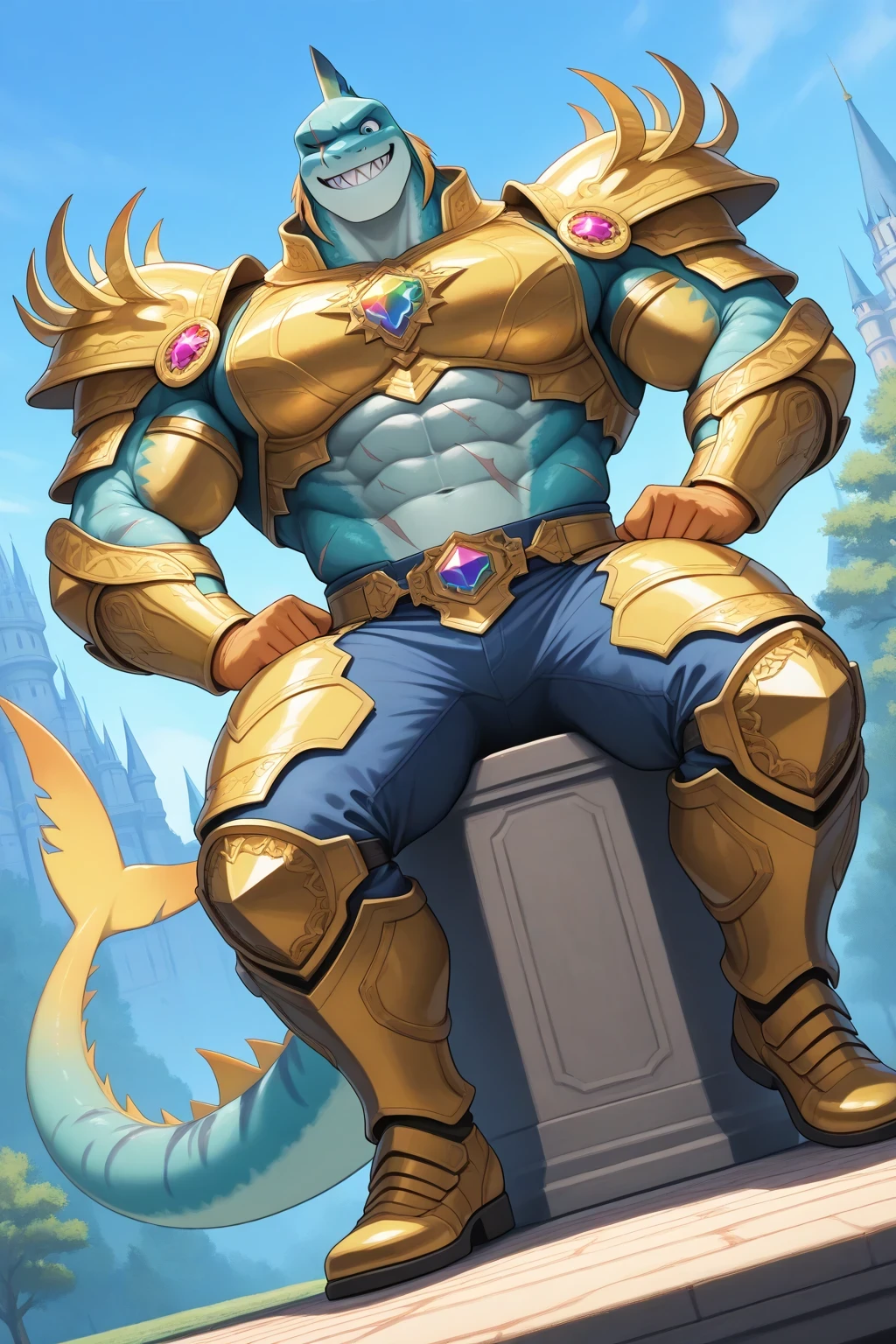 score_9, score_8_up, score_7_up, score_6_up, score_5_up, score_4_up, source_furry,  tentacularrumble, shark monster, teeth, sharp teeth, muscular, blue eyes, wearing a golden armor with colorful jewels, long tail, max detail, 4k wallpaper, masterpiece, best quality, absurdres, highres, dynamic angle, sitting pose, standing, close focus, scars on his eye and his body, powerful smile expression, giant size, macro size, 50-foot size, 100 feet tall, ginormous biceps, enormous pectorals, detailed abs, giant castle behind, blue sky background, daytime, trees, beanstalk, fairytale fantasy scene.