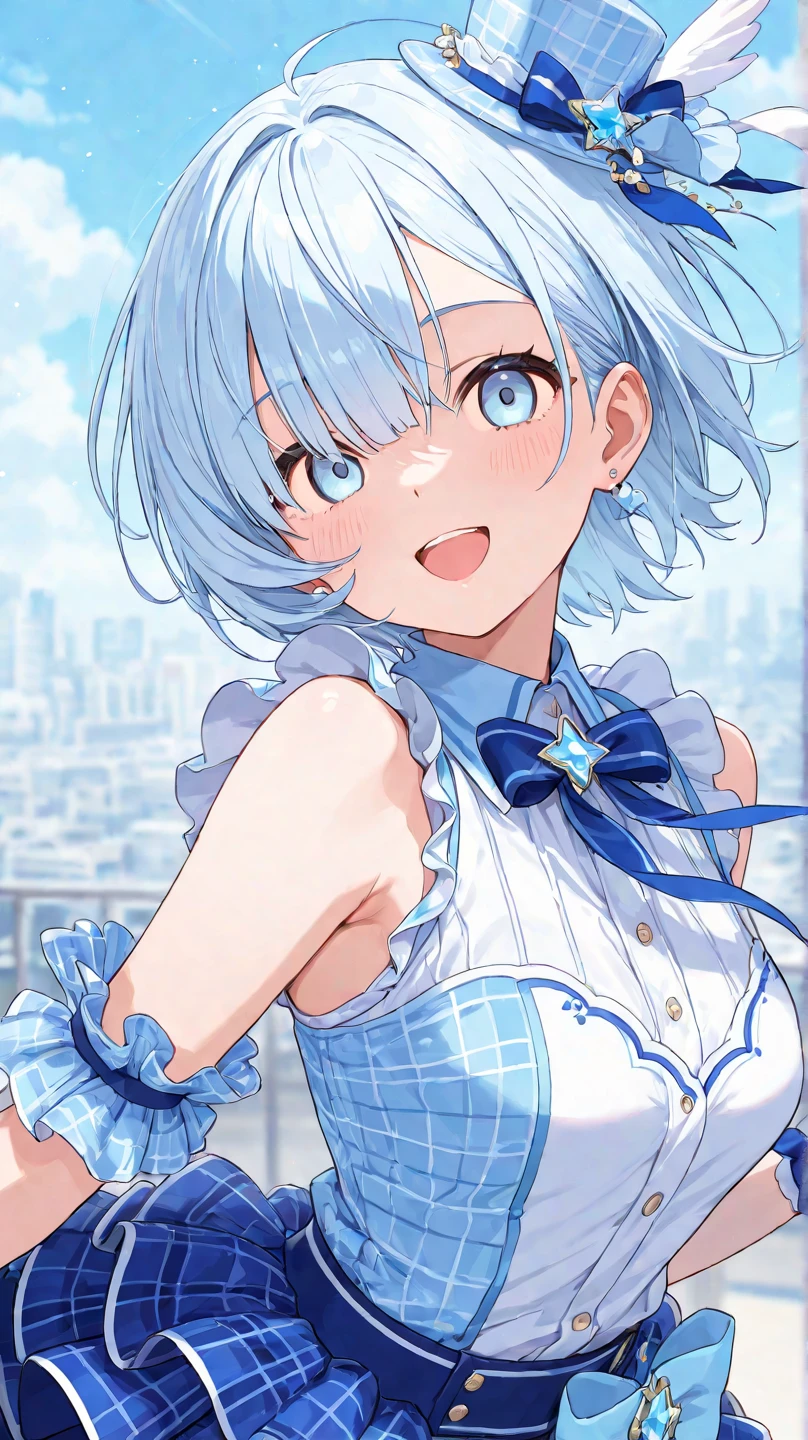 Highest quality、High resolution、masterpiece、Cute anime-style illustrations、One image、One Woman、Light blue hair、Short Bob、Grey Eyes、White Cami Dress、Big Breasts、Stylish older sister、smile、city


