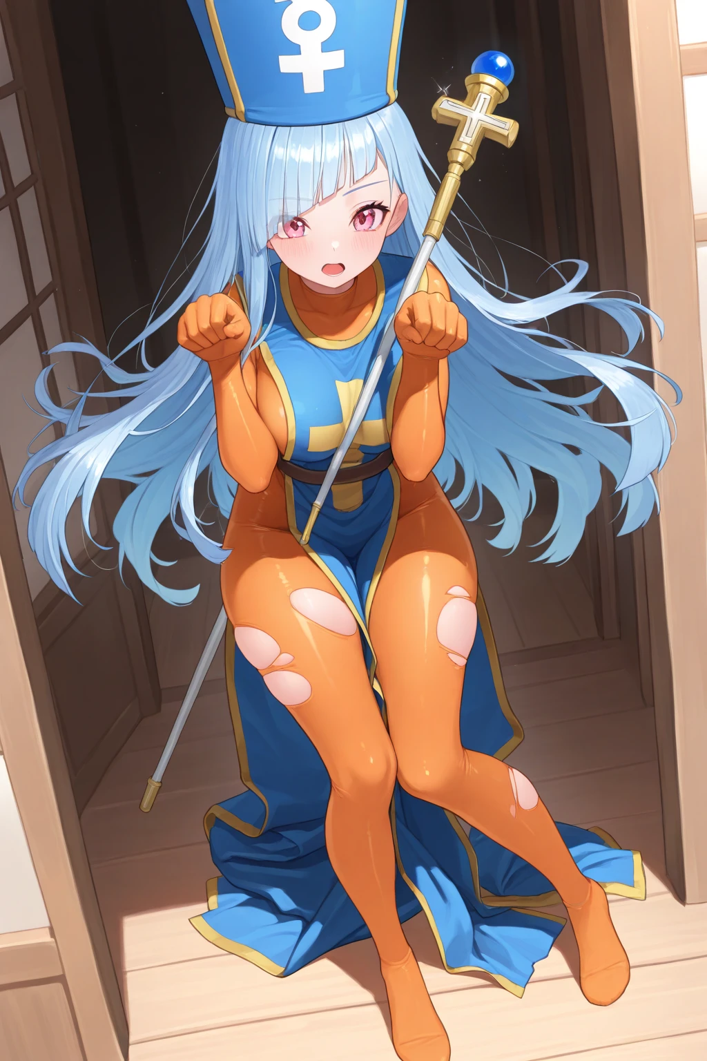 masterpiece,Highest quality, Unreal Engine, Super Resolution, Very detailed,
1 Girl, Waist, thin, (Muscular:0.8)
Round Breasts, Big Breasts, ,  Part your lips, Observe the audience,
, sexy pose
Waist shot,,,
, ,Light blue hair, Red eyes, Long-haired monk \(dq3\)
,,Tabard Elbow Gloves、(See-through panties:1.2)