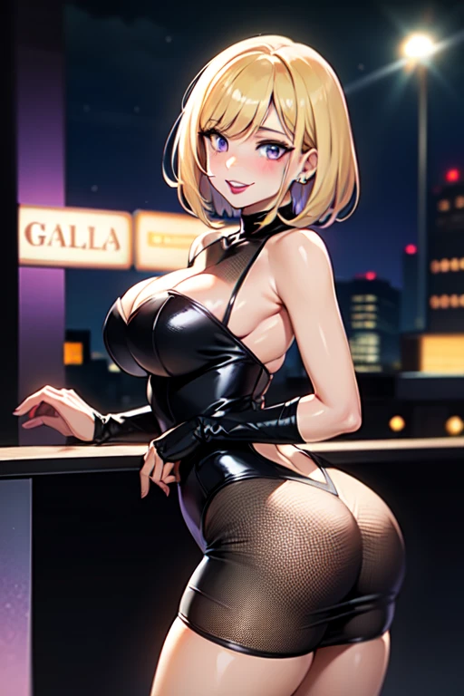 masterpiece, best quality, very aesthetic, absurdres, looking ar viewer, mansion, Night, outdoors, 1girl, aged down, thin build, upper body, solo, (Annie), long hair, medium breasts, cleavage, nnavel cutout, curly twintails, blonde, purple ribbon, orange eyes, black dress, black bridal gauntlets, black gloves, (striped thighhighs), navel, mansion, pale skin, open mouth, (solo focus)