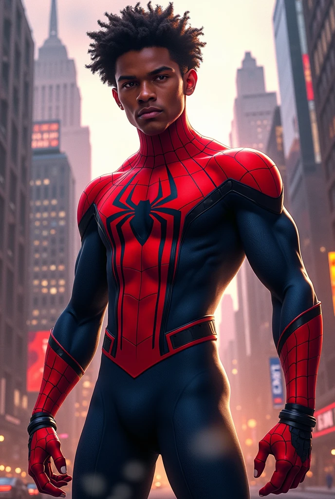 Jaden Smith dressed as spider man without the mask, New York City at night background, cinematic lighting, hyper realistic --auto --s2