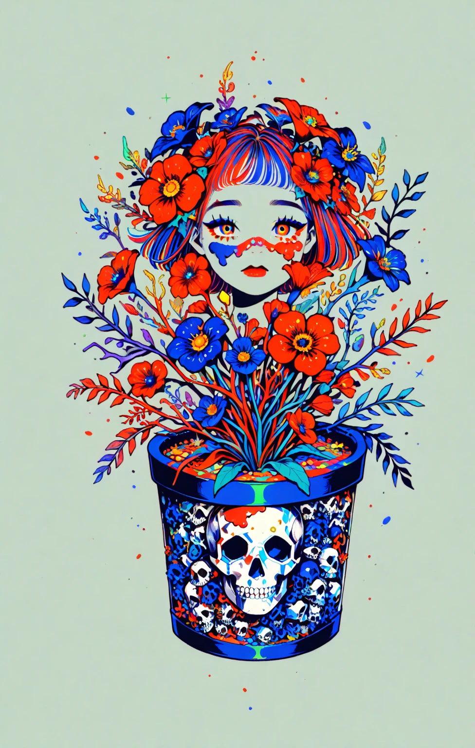 1topless girl, long bloody hair, seductive eyes, mysterious expression, mature appearance, charming dress, flowing short dress, elegant jewelry, intricate decoration, magic symbols, glowing accessories, potions, scrolls, cute accents, bows, ribbons, flowers, birds, skeleton