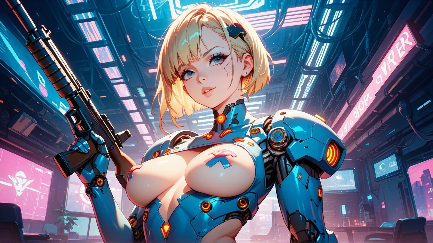 beautiful, perfect eyes, perfect face, perfect lighting, 1girl, short blonde hair, two piece bikini, medium breasts, wide hips, cyberpunk background (masterpiece:1.3) ultra detailed illustration, (masterpiece:1.2), (best quality:1.2), UHD, UHD, UHD, UHD, UHD, ccurate, textured skin, high details, award winning, highres, anatomically correct