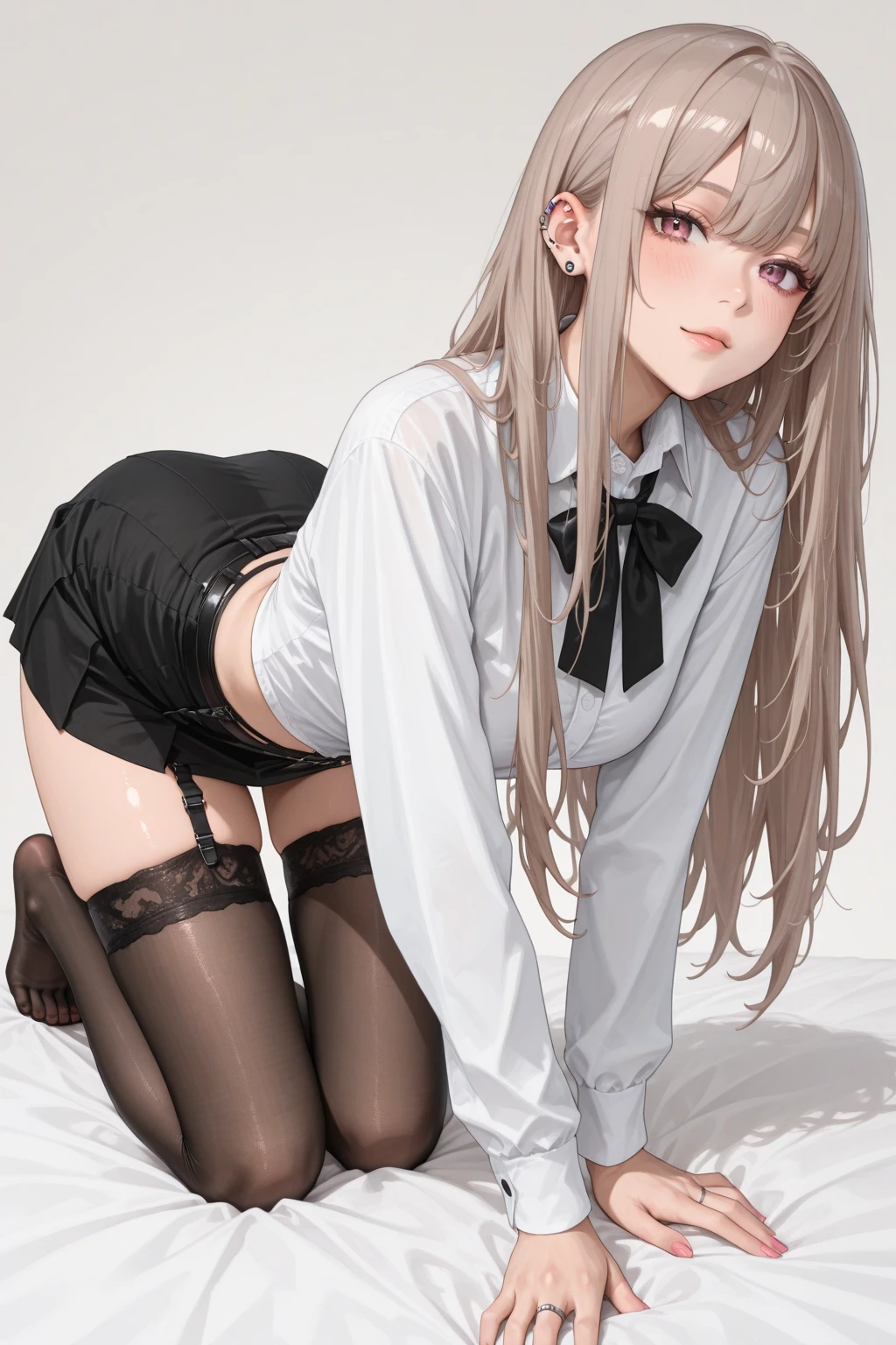 finest, masterpiece, High resolution, (Full body view from head to toe), front, frontやや下からの構図, Symmetrical, 18 year old tall girl, alone, (whole body from head to toe), (small breasts), messy hair, bangs, (black tights), (black pantyhose), (sitting with legs spread apart), (squating pose), (composition showing white panties), (Her legs are spread open and her white panties are visible.), made to sit with legs spread, (M-shaped legs), Slender legs, A very beautiful and tall 18 year old girl, (not wearing shoes), blush, shy big eyes, looking at camera