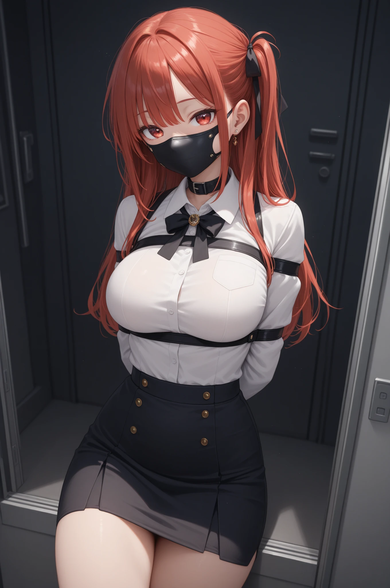 Highest quality, high resolution, looking at viewer, 1 woman with long hair, thick hair, center part, stacked bob, voluminous hair, in her 30s, white tight buttoned shirt, knee length, form fitting pencil skirt, black pantyhose and high heel, wrinkled clothing, photo realistic, video game cut scene, smooth, detailed face, perfect skin, beautiful, Insanely detailed, (taped mouth), tape gag, gag, gagged, ankles taped, ,mouth taped, arms bound behind back, elbows taped, wrists taped, taped legs, taped arms, knees taped, frightened, pleading eyes, desperate escape attempt, crying, fearful, cinematic, anime, cowboy shot, wide shot, from above, award wining, masterpiece, super detail, detailed background, anatomically correct, best quality, 16k, butt focus, messy hair, tears, bruises, back to the camera