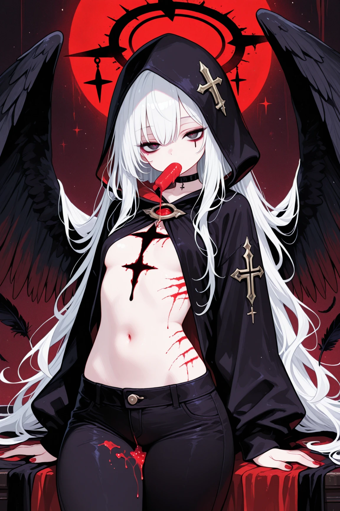 .(Highest quality,4K,High resolution,masterpiece:1.2),Very detailed,Realistic:1.37,Spooky altar background,Dark fantasy,Red color scheme,Ominous atmosphere,Eye-catching,Storytelling,anatomy,Anime Style,Concept Art,beautiful細部までこだわった顔と (((Red eyes ))),A terrifying ritual ,Satanic Ritual,Premature death,inappropriate behavior,クレイジーなsmile,Scythe Face,Girl Monster, beautiful, Delicate facial features, Sharp Eye, Sharp Fangs, pale skin, Thick chain, Dark Background, Cinema Lighting, Dramatic Shadows, Gothic style, Gloomy atmosphere, Dark fantasy, One Girl, Please open your mouth wide, Open your mouth and baring your teeth,Sharp teeth like a beast, Wide lips, very wide mouth, Vermilion cheeks, ,(Blood splatter:1.4),Scary smile, smile,Angel Design, Twisted smile、Bloody、bleeding from the head,,,,,、Blood splatter、,(Blood splatter:1.4),skull,Horrorスタイル, ((Fantasy Sweet Ta Frill Pink Costume)), ((Flowing blonde hair)), ,(Blood splatter:1.4),Female curves, Sexy flat stomach, Perfect hands, Perfect anime face, (Pink Tata Dress)), Are standing, ((邪悪なsmile)), ,(Blood splatter:1.4), Steam circulates, Moonlight Illumination, night lighting, (Blood splatter:1.6),アニメAngel Design, Twisted smile、Bloody、bleeding from the head,,,,,、Blood splatter、,(Blood splatter:1.4), skull,Gothic architecture、Western architecture、Fantasy World、,Victorian cities, Skeleton Gas Light,Absurd, High resolution、 ((Tabletop)), ((Highest quality)), (Very detailedな), ((Very detailed)), (beautiful), ((pretty girl)), (NFSW:1.8), alone,(10 years old:1.6)、(world&#39;The most terrifying and creepy demon 女の子:1.5)beautiful face、Whole Body Ezbian、pale, beautiful肌、beautiful金の髪、Smiling Kindly、Dark building ruins、(snow white&#39;Frill dress:1.3)、(The dark ruins are stained with blood:1.3)、Low angle full body shot、(少女は血の海の中にAre standing:1.5)、(The ground is full of blood:1.3)、(The  lost a lot of blood...:1.3)、(クレイジーなsmile:1.6)、Spirits、(Blood dripping from the mouth:1.3)、Neo-goth style, Wearing a black dress and a white collar, Wearing a black hat、wearing heavy makeup, Standing in a mystical garden surrounded by vines. The garden is full of deep purple flowers.、背景のGothic architecture。. &#39;The hair is golden、、A red rose is pinned to the side。. Her eyes are sharp、It&#39;Like being stabbed., Thick black eyeliner and long lashes. 彼女は顔色がpale.、Her lips are bright red.. The atmosphere is gloomy and eerie, with dim lighting casting long shadows. This piece combines digital illustration and photography..., outcome、驚くほどHigh resolutionの画像が生まれました. Most of the colors are dark、I&#39;Calm, Deep reds and purples create a dark beauty.. The style is neo-Gothic., Horror, Portrait Photography, Create unique and compelling visual experiences.Dark Imagery
