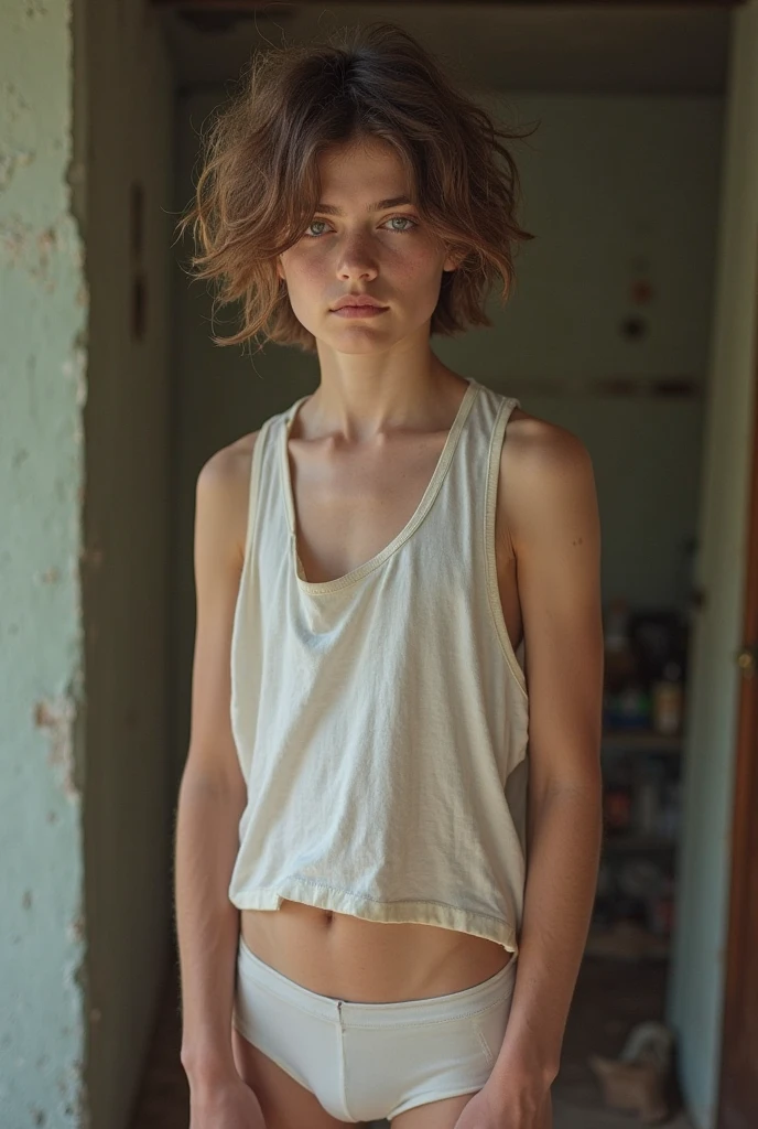 analog film photo Photoshooting,15 years old girl, porcelain white skin and freckles, ginger hair,gentle smile,very very skinny girl with a small short tank top and mini skirt,outfit in the 80s style ,wide shot a beautiful girl, long socks with shoes, wide shot, ginger girl, dinamyc pose, doing everyday household chores at garage. faded film, desaturated, 35mm photo, grainy, vignette, vintage, Kodachrome,Lomographyy, stained, highly detailed, found footage
