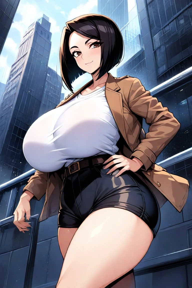 masterpiece, best quality, 1girl, tilda, glasses, black hair, solo, huge breasts, blue eyes, pants, jeans, black sleeveless shirt, thigh boots, thighhighs, looking at viewer, cyberpunk city background, night, neon light <lora:Tilda:1>