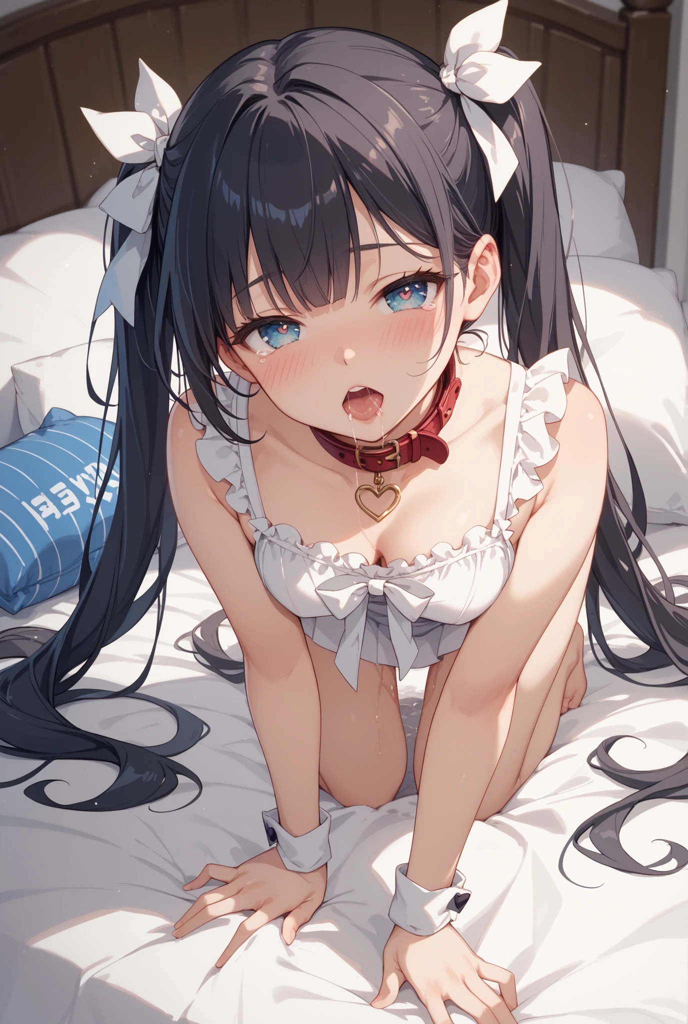 front view,1girl,Beautiful girl at 13 years old,Japanese,Slender,small breasts,Baby Face,Small face,Black Hair,Row Twin Tails,Gray Eyes,Drooping eyes,middle School girls,Sheer black and white negligee,Sexy Lingerie,open mouth,tongue out,front face,Kneeling,Hands behind back,Tie hands behind back,Put your chin forward,Beautiful and detailed anime art,A greedy look,crave,front view,high angle, looking at viewer, looking ahead, from above,face focus,Sexy vibe,cum on tongue,Dimly lit room,Beautiful room,On the bed,VIP Room,White Room,Simple room,blurry background
