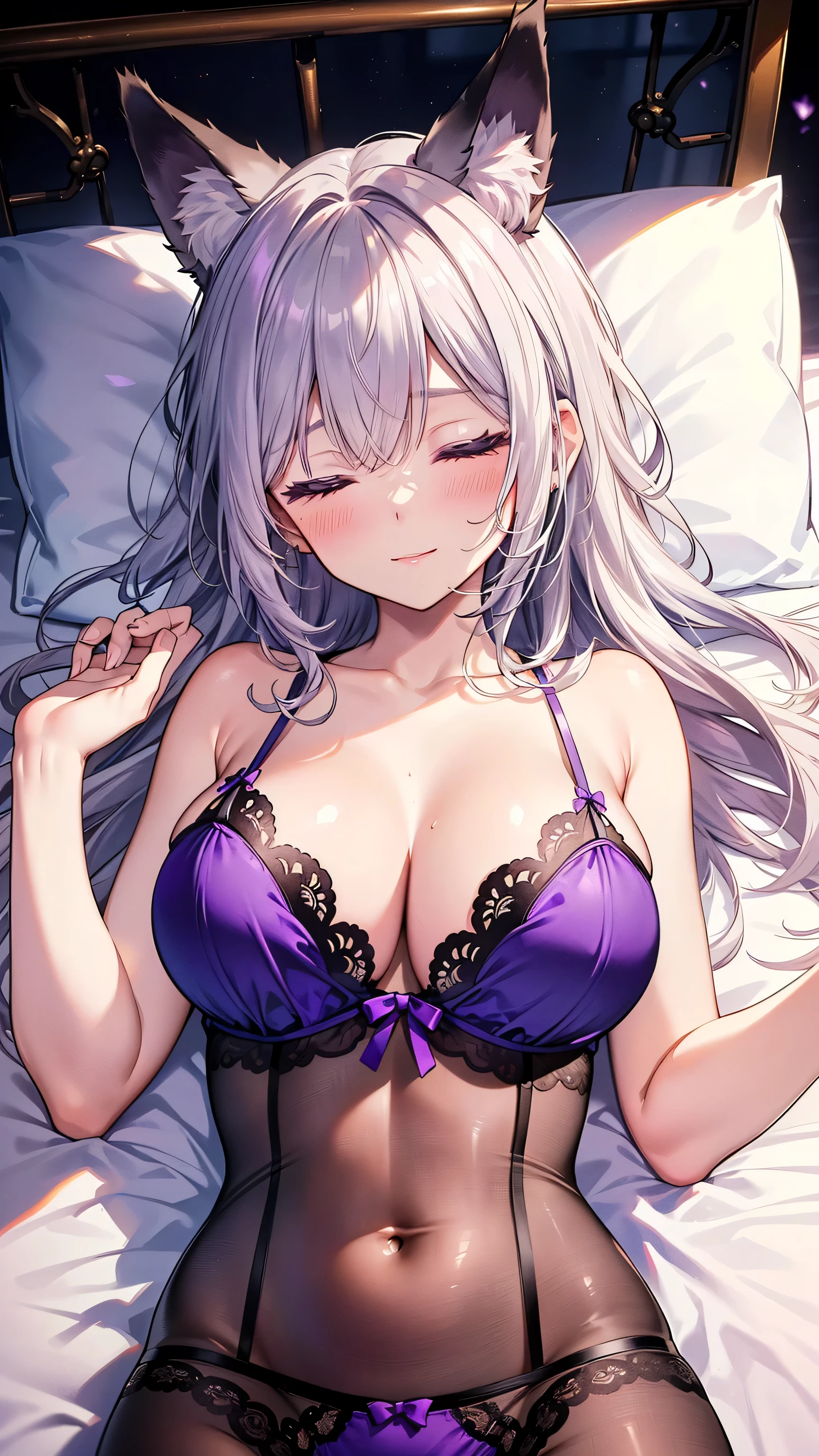((Best Quality)), ((Masterpiece)), (detailed), ((white hair)), blue eyes, (purple color bra), (purple color underwear), (purple color lingerie), sexy, large breast, bed