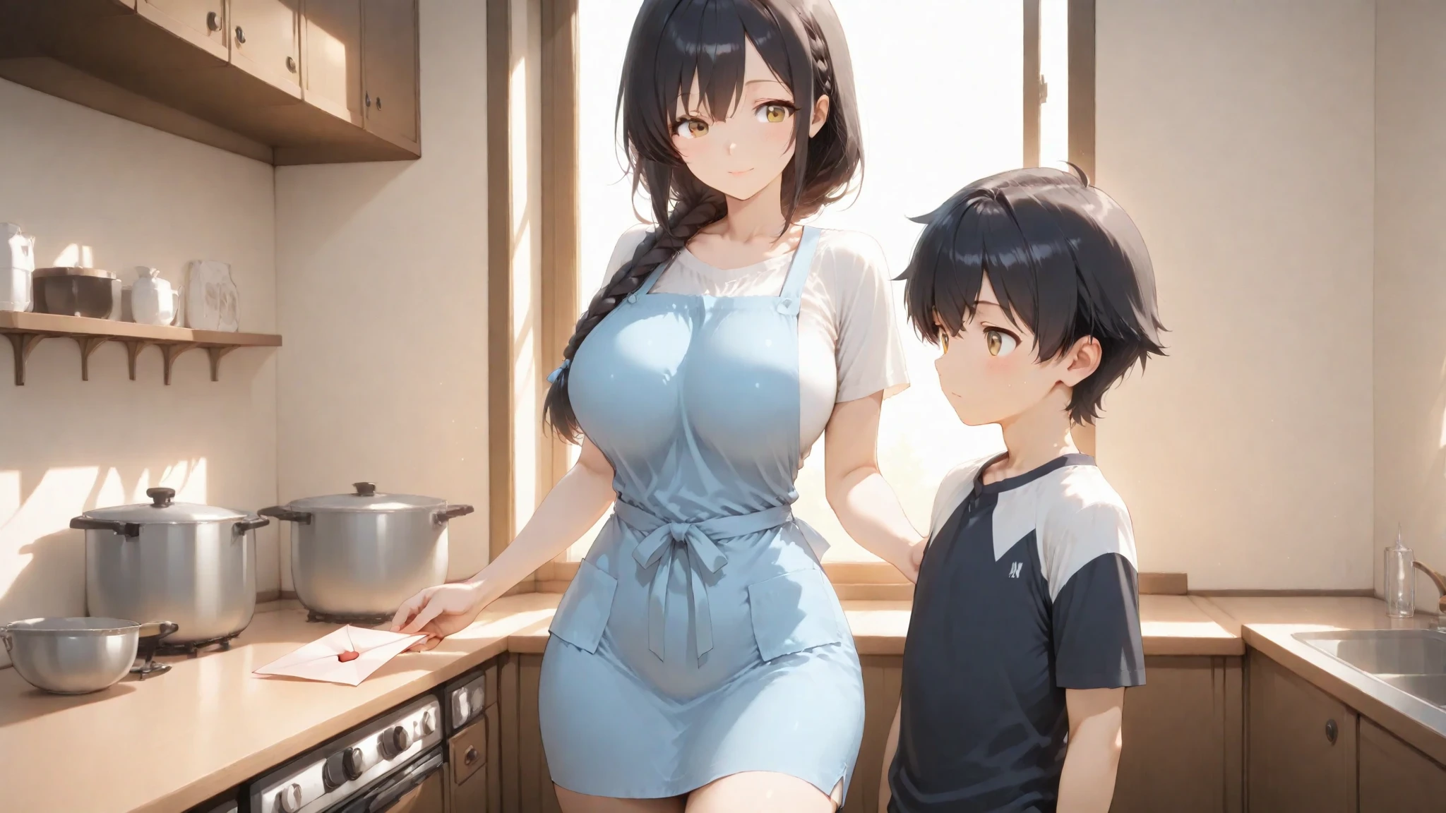 (NSFW) middle aged woman, a huge chest, big hips, with lingerie , visible nipples, Long brown hair, Blue eyes, seductive face, ((riding a little blushing boy next to him))