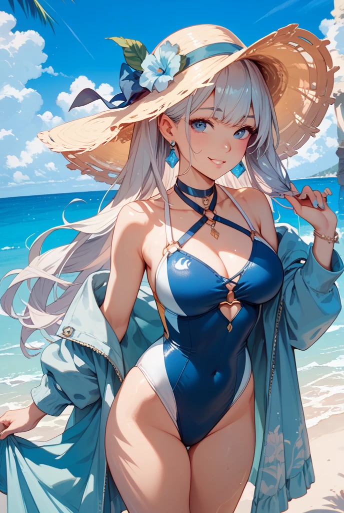 ((masterpiece, Highest quality)), (One Girl), (alone), (Focus on women), (Ahoge, Gray Hair, Very long hair), Golden Eyes, smile, Open your mouth,Swimwear , Standing on the beach, 