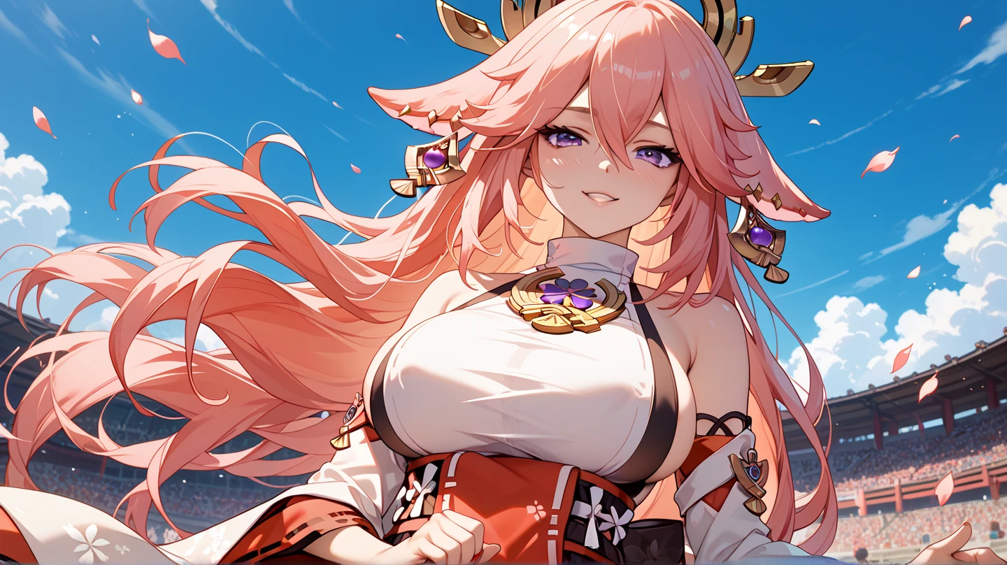 ((masterpiece)),(best quality),official art,extremely detailed CG,unity 8k wallpaper,ultra detailed,A lighthouse on a cliff by the sea,1girl,solo,upper body,(portrait:1.2),looking at viewer,pink_hair,low-tied_long_hair,purple_eyes,large_breasts,detached_sleeves,jewelry,sandals,wide_sleeves,earrings,animal_ears,bare_legs,bare_shoulders,hair_between_eyes,hair_ornament,fox_ears,japanese_clothes,very_long_hair,anklet,bangs,smile,white_shirt,nontraditional_miko,long_sleeves,<lora:Yaemiko(gen)>,