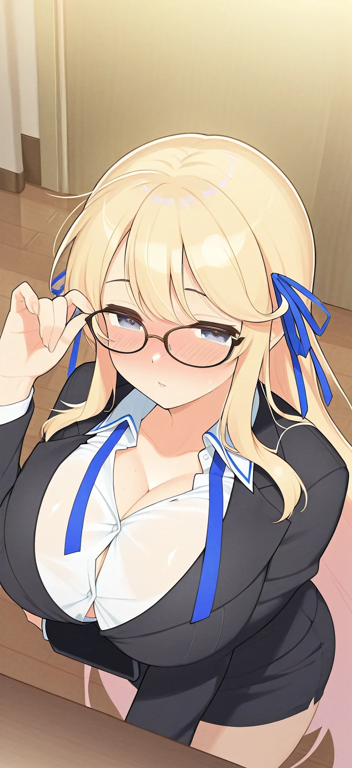 (Tabletop:1.0), (highest quality:1.4), (High resolution:1.2), From the side,Sharp contours,  boyish, highest quality, masterpiece,Glasses,Voice of the Heart,20-year-old woman,yandere,Big Breasts,Chest to chest,Lying face down,Upper Body,Ecstasy,saliva,blush,Squint your eyes,Heterochromia iridis,Tuck up your clothes,lure