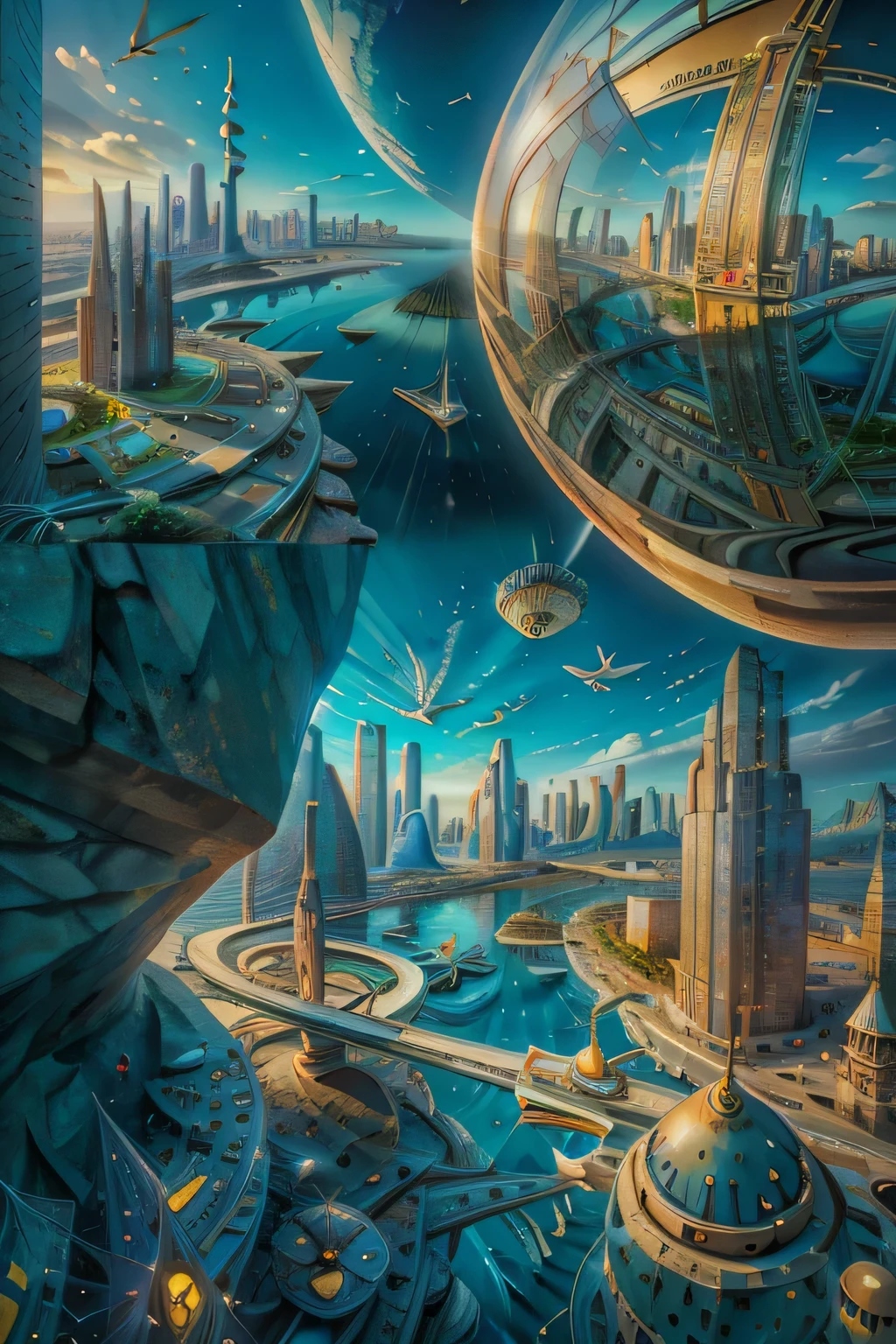 ( Surrealism ) a surreal scene,where the 20th century city floats in the sky,while the city of the 1960s floats at the bottom of the sea, Afro-European geometry, and an abstract sitar,Hallucinations , puzzling chaos, sacred and magical, realistic photo, 8,000, highly detailed, attention-grabbing lighting, bright colors, surreal and abstract, The blue sky is the sea,The blue sea is the sky.