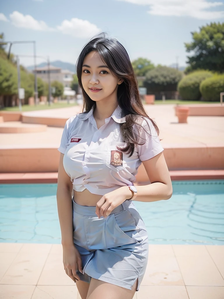 1girl, (uniform), standing, outdoors, detailed face, detailed eyes, big breasts, shiny skin, wet skin, open legs, looking at the audience,(8k, RAW photo, best quality, masterpiece: 1.2), (realistic, realistic: 1.37), ultra-high resolution