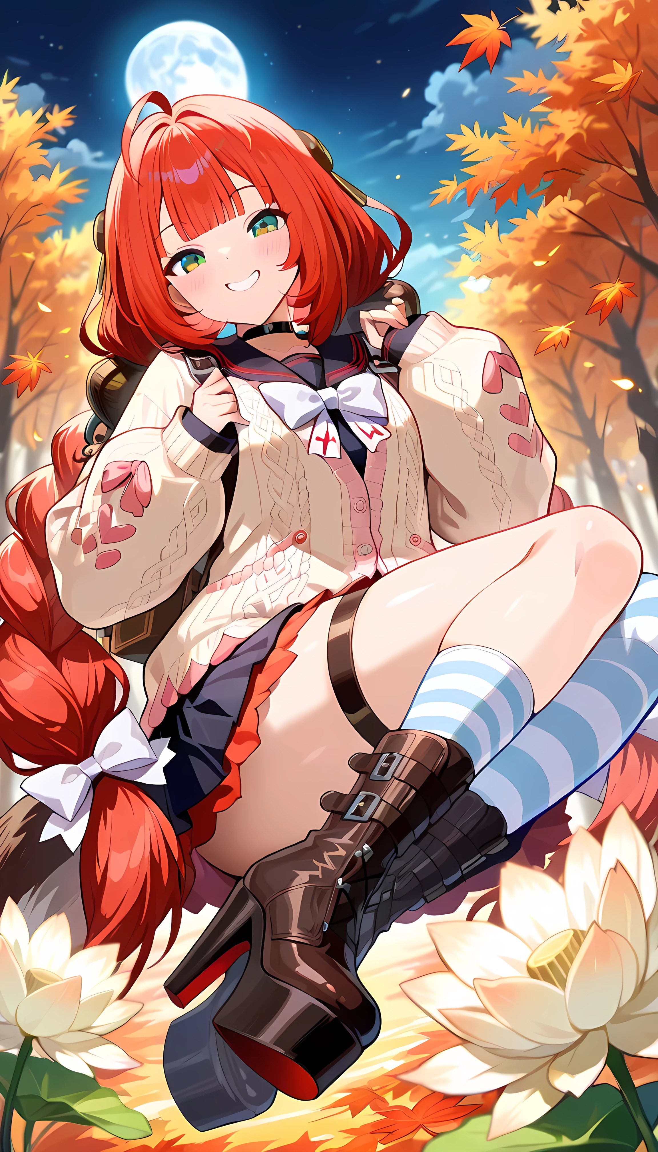 masterpiece, best quality, amazing quality, very aesthetic, high resolution, ultra-detailed, absurdres, newest, scenery,(depth of field:1.5),
(super fine illustration,professional quality,ultra high res), beautiful detailed eyes,
(high brightness),
break
yuzuha,
red hair, very long hair, twintails, braid, twin braids, hair bow, low twintails, green eyes, multicolored eyes, bangs, hair ornament, ahoge, tail,

black choker, skirt, striped, thighhighs, asymmetrical legwear, black skirt, black footwear, pantyhose, black sailor collar, serafuku, backpack, long sleeves, cardigan, high heel boots, platform footwear, puffy long sleeves, sleeves past wrists,  thigh strap,
 ((extremely detailed background)), Lots of elements in background,((super-detailed background)), Maple leaves flying, moon, white lotus, ((8K wallpaper)), 

1girl, 
Smiling face, Glossy eyes, Animated, Seductive, Erotic, Glossy skin Thighs, Sexy, 
(Cute Illustration: 1.3), (High Saturation: 1.3), Cute face and eyes, Dynamic lighting,
close to viewer, best detailed girl, view straight on,
(Dynamic lighting: 1.2), 