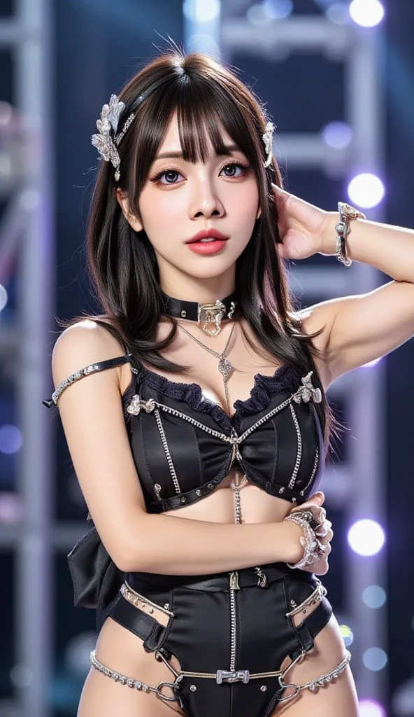 Eri Kamei from Morning Musume, Decorated with a Halloween ensemble that perfectly complements her beauty and sensual figure. The image is、It must be proof of the fusion of AI and art, Catch her in moments of playful mischief and charm. The backdrop should be minimalistic, Make sure she is focused. Emphasis must be placed on realistic realism, The colors of the costume are popping out on a calm background. Photos must be taken with a high-resolution 16k camera, Ensure Ultra HD clarity. The lens you choose should be 85mm, Ensure soft bokeh effect in the background, Elipin has a sharp focus. the setting must be f/8, ISO 100, Shutter speed 1 o'clock/125. --ar 16:9 - V5.1 --Style raw --Q 2 --S 750