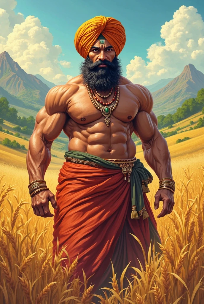 A 12 feet tall and 5 feet wide man wearing blue dhoti having curly hair no beard holding plough